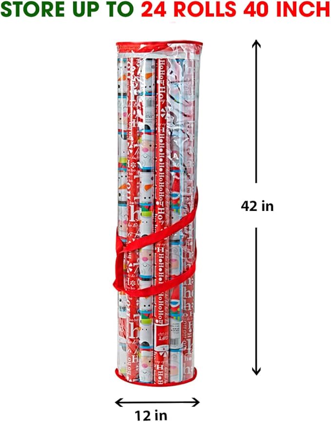 ProPik Christmas Gift Wrap Storage Bag, Clear Organizer Fits Up to 24 Rolls 40 Inch, Heavy Duty PVC Bag with Handles and Zippered Top for Wrapping Paper and Ribbons (Red trimming)