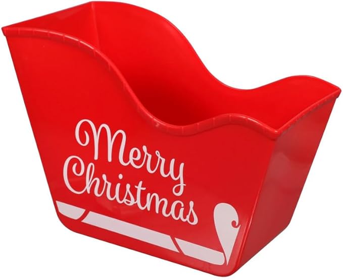 Plastic Santa Sleigh Shaped Bins, Red Container Storage for Holiday Treats, Home Decorations Party Supplies Basket