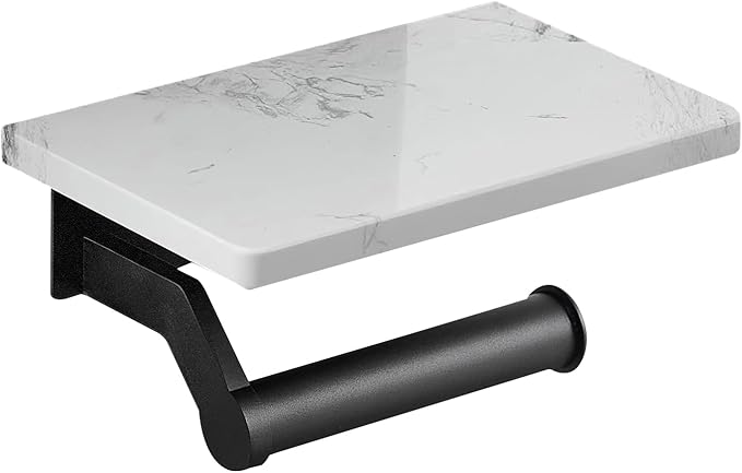 Hoimpro Matte Black Aluminum Toilet Paper Holder with White Natural Marble Shelf, Wall Mounted Tissue Hand Paper Roll Storage Holder for Bathroom Kitchen Washroom Bedroom