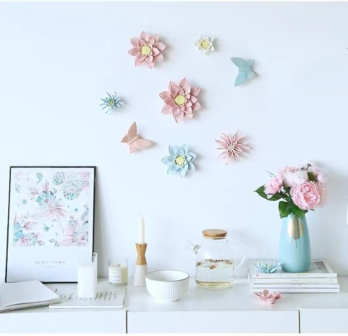 Yimi Flower，4.72" Ceramic Flower 3D Handmade Porcelain Flower Wall Art Decor, 3D Ceramic Flower Wall Decor, Home Office Decor, Unique Gift for Home Office Decor,Girls (Blue)