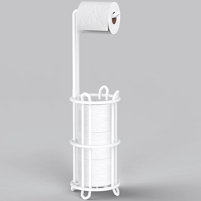 Meangood Toilet Paper Holder Stand and Tissue Paper Roll Dispenser for 4 Mega Rolls, Bathroom Free Standing Tissue Roll Storage Holder Rack, Metal Wire White