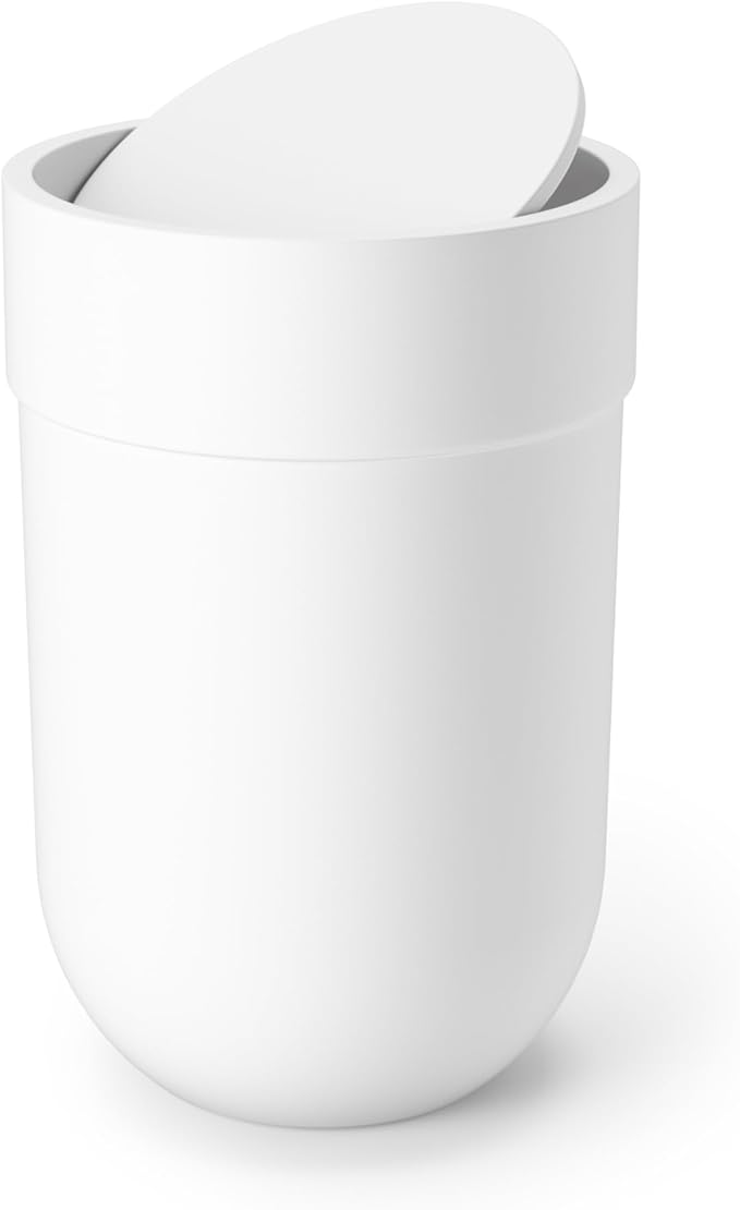 Umbra Touch Trash Can, Small 1.6-Gallon Garbage Bin with Swing Lid, Waste Basket for Bathroom or Office, White