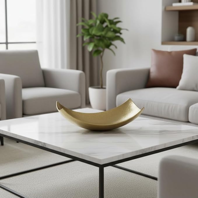 Cucha Large Aluminum Scoop Dish, Gold Finish, Modern Tabletop Décor for Kitchen, Home or Office – Use as Nut Tray, Key Holder, Change Dish, or Coffee Table Centerpiece, 17.25" x 9.75" x 5.5
