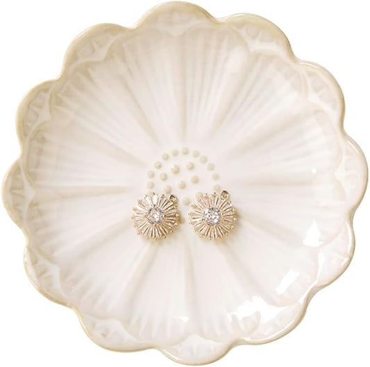 Lotus Ring Holder Dish Small Indoor Ash Tray, Ceramic Dessert Plate Trinket Jewelry Holder Organizing Necklace Earrings for Parents Friends Sister, White. All Jewelries Are NOT Included.