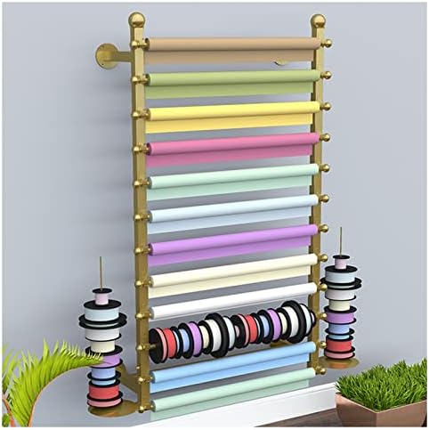 Ribbon Display Storage Organizer Wire Spool Rack Wrapping Paper Shelf Wall Mounted,Detachable Ribbons Tray&Removable Crossbars,Gold,100X20X120Cm