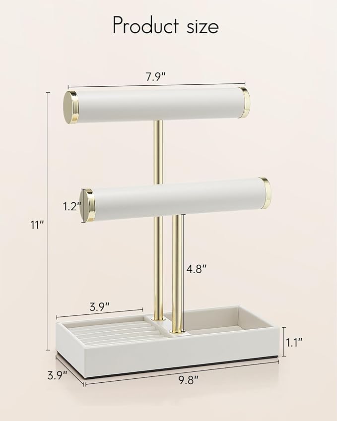 VLANDO 2 Tier Bracelet Holder with Tray - Mothers Day Mom Gifts Leather Jewelry Stand Organizer for Women - Necklace Holder Display for Necklace, Watches, Rings, Earrings, Bangle, Scrunchie - White