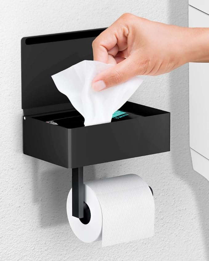 Day Moon™ - Toilet Paper Holder with Shelf - Modern Roll Holder for Bathroom - 1 Pack - Wall Mount - with Storage, Black
