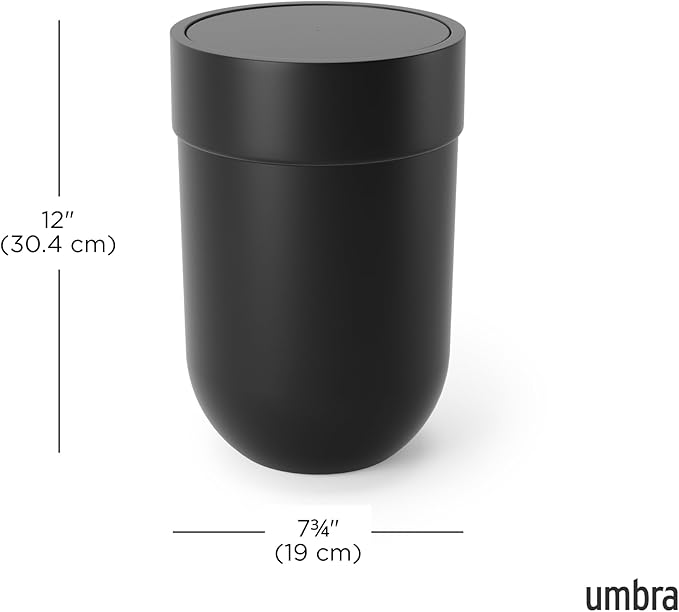 Umbra Touch Trash Can, Small 1.6-Gallon Garbage Bin with Swing Lid, Waste Basket for Bathroom or Office, Black