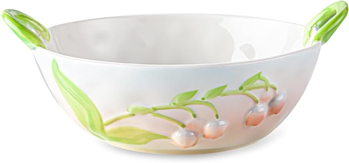 Ceramic Fruit Bowl with Handles, 3D Hand-Painted Lily of the Valley Floral Design Serving Bowl for Soup, Pasta, Salad and Snacks, 24oz, Microwave & Dishwasher Safe