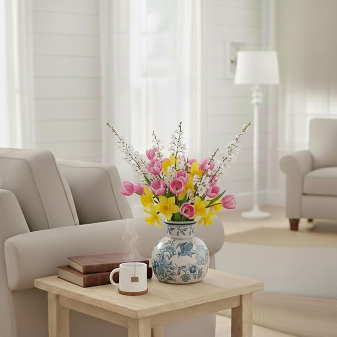 SIDUCAL Blue and White Vintage Vase | 6 Inch Ceramic Chinoiserie Floral | Retro Ice Cracked Blue and White Porcelain Vase for Table, Living Room, Bathroom Decoration, Wedding, Shelf Decor, Mantel