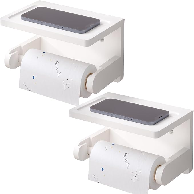 VERTORGAN 2 Pack Toilet Paper Holder with Phone Shelf,Bamboo Wall Mounted Tissue Roll Holder for Bathroom (White)