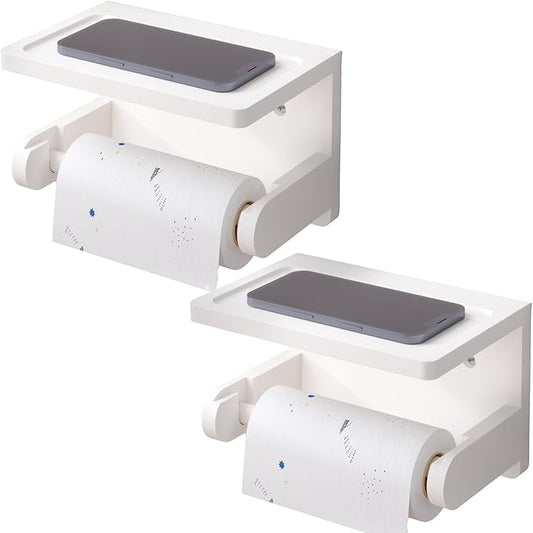 VERTORGAN 2 Pack Toilet Paper Holder with Phone Shelf,Bamboo Wall Mounted Tissue Roll Holder for Bathroom (White)