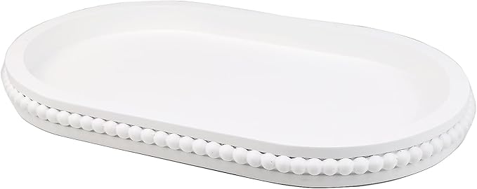 Hrastany Oval Wood Serving Tray with Wooden Beads, Outdoor Farmhouse Decorative Tray for Ottoman, Coffee Table, Kitchen Counter Organizer, Home Decor(White)