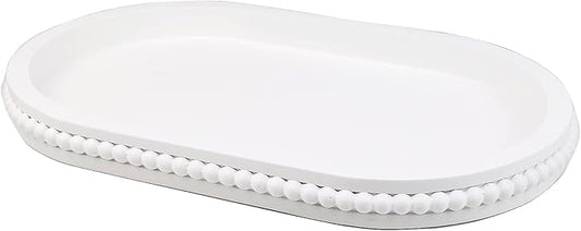 Hrastany Oval Wood Serving Tray with Wooden Beads, Outdoor Farmhouse Decorative Tray for Ottoman, Coffee Table, Kitchen Counter Organizer, Home Decor(White)
