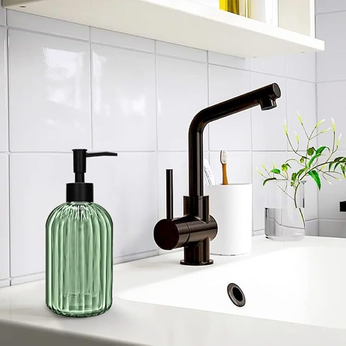 2 Pack 14oz Glass Soap Dispenser with Black Pump – Refillable for Hand Soap, Dish Soap, Lotion, Suited for Kitchen, Bathroom & Laundry Room(Olive Green)