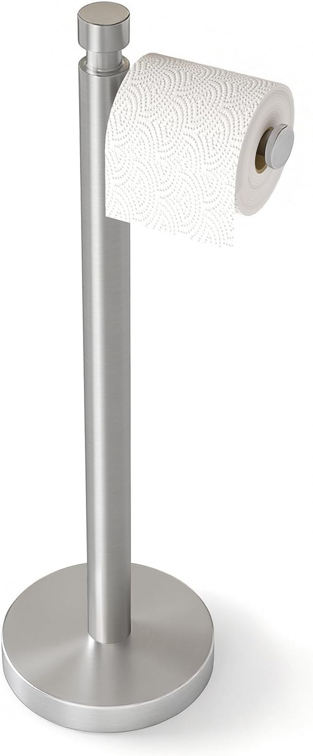 YUMORE Toilet Paper Holder Stand, 4.4lbs Heavy Duty Stainless Steel Free Standing Bathroom Tissue Roll Holder, Brushed Nickel