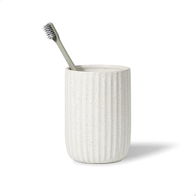 Speckled Matte White Ceramic Toothbrush Holder, Elegant Rippled Tumbler, Large Bathroom Organizer for Toothbrushes and Toothpaste, Pen Holder, Matte Speckled White