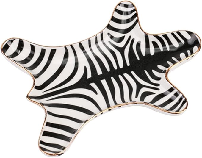 Zebra Stripe Jewelry Tray Ceramic Dishes Plate Gilded 5.9", Gold (Black)