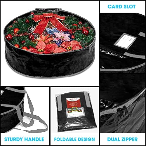 Wreath Storage Bag By Propik 24" - Garland Holiday Container Tear Resistant Material - Easy Storage Featuring Heavy Duty Handles And Transparent Card Slot 24” X 24” X 8” (Black)