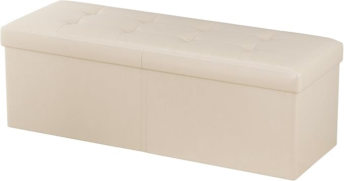 JIUYOTREE 31.5 Inches Ottoman with Storage Bench, Foldable Footstool, Ottoman Foot Rest, End of Bed Bench, Multi-Functional Seat, Storage Chest for Living Room, Bedroom, Entryway (Ivory)
