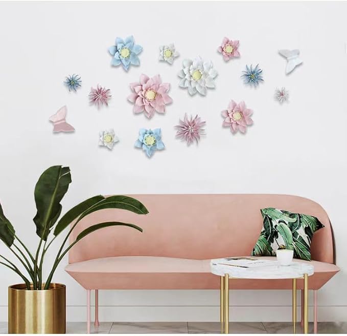 3D Handmade Porcelain Flower Wall Art Decor, 3D Ceramic Flower Wall Decor, Home Office Decor, Unique Gift for Home Office Decor,Girls (Blue, Yimi Flower, 2.76")
