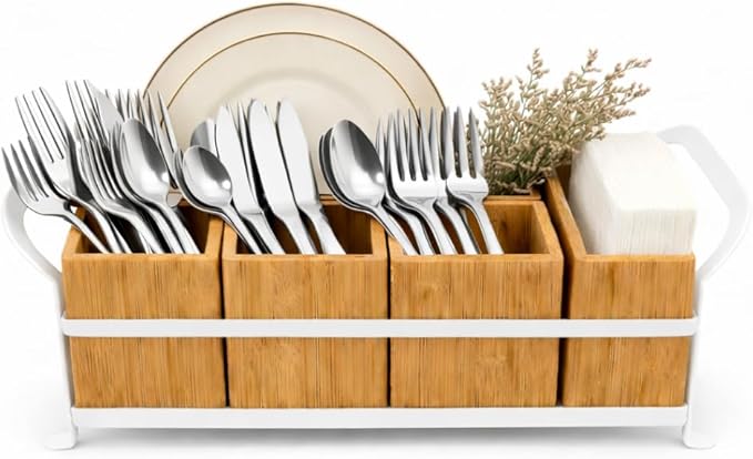 Bamboo Utensil Caddy with Handle - 5 Compartment Silverware Holder for Party & Kitchen Countertop - Removable Wooden Flatware Organizer for Picnic, BBQ, Buffet, RV & Outdoor Dining