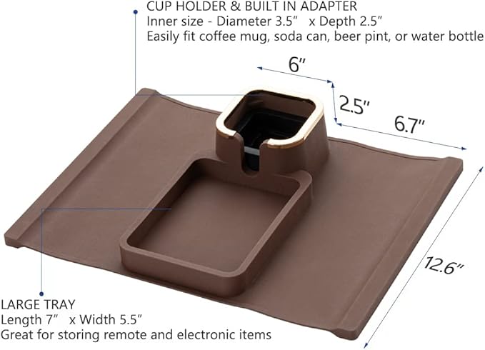 Couch Cup Holder Tray, Elimiko Silicone Anti-Spill and Anti-Slip Couch Drink Holder, Strong and Weighted Phone/Remote/Snacks Sofa Cup Holder (Brown)