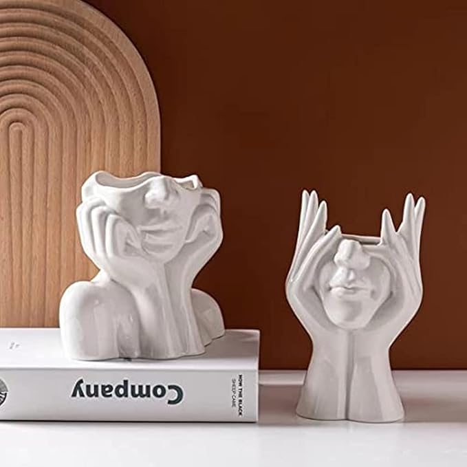 Ceramic Face Vase, White Flower Vases for Decor Female Form Head Half Body Vase Boho Unique Decorative Modern Style for Home Living Room Office Book Shelf (Medium)