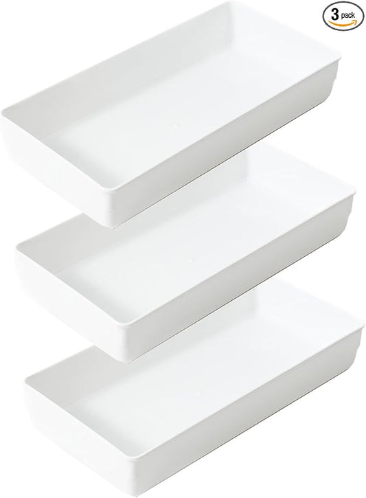 3 Pack White Plastic Drawer Organizer Tray Cutlery Utensil Makeups Drawer Organizers 12" X 6"…