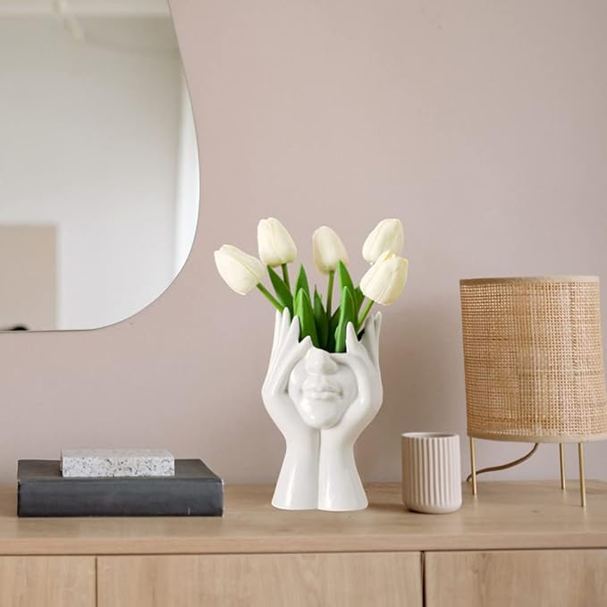 Ceramic Face Vase, White Flower Vases for Decor Female Form Head Half Body Vase Boho Unique Decorative Modern Style for Home Living Room Office Book Shelf (Medium)
