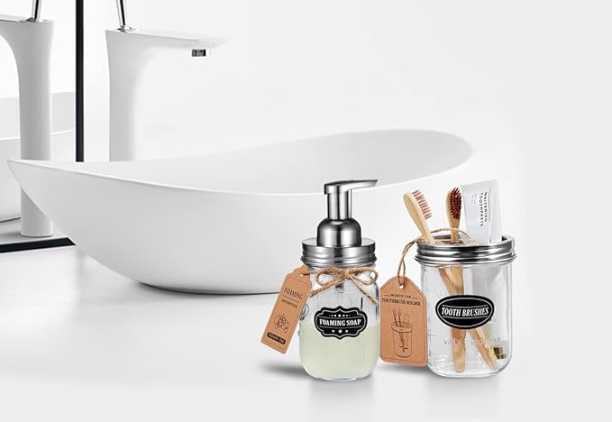 Mason Jar Toothbrush Holder - Brushed Nickel - with 16 Ounce Ball Mason Jar,Premium Rustproof 304 Stainless Steel Lid and Chalkboard Labels - Rustic Farmhouse Decor Black Bathroom Accessories