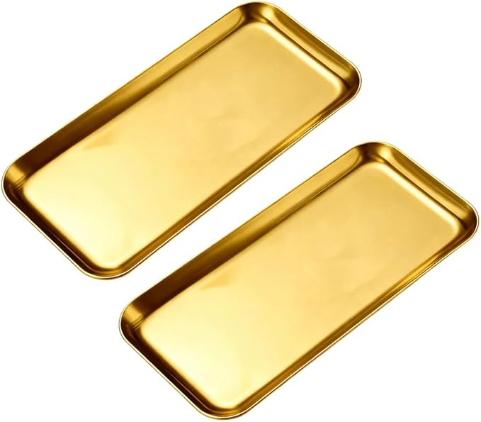 2 Pack Stainless Steel Decorative Tray, 9 Inch Gold Trays for Decor, Jewelry Tray Cosmetics Organizer for Holding Perfume, Keys, Candle (Rectangle)