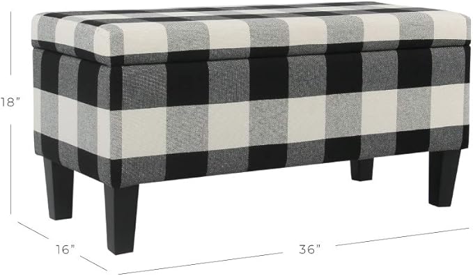 HomePop Large Upholstered Rectangular Storage Ottoman Bench with Hinged Lid, Black Buffalo Plaid