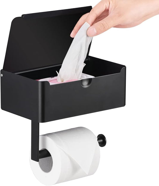 LAYUKI Toilet Paper Holder with Shelf, Wipe Holder for Bathroom, Large, Stainless Steel, Wall Mounted, Matt Black, Upgraded Toilet Paper Holder