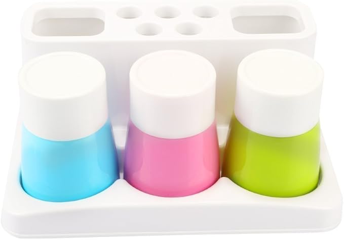 Toothbrush Holder 5 Hole Toothpaste Stand Bathroom Organizer with 3 Rinse cups for Family Set