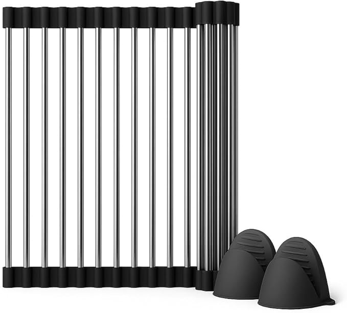 Over Sink Dish Dryng Rack - Roll Up Stainless Stell & Silicone Drying mat, Heat Resistant, Non-Slip & Foldable, Space Saving Kitchen Organizer (17.3"x 15.7")(Black)