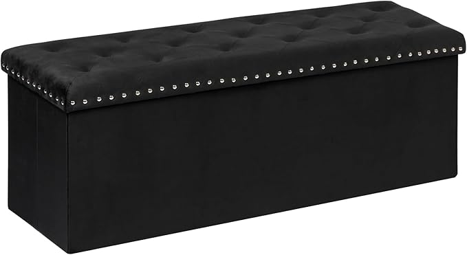 PINPLUS Black Storage Ottoman Bench for Bedroom, Folding Velvet Chest with Benches Foot Rest Stool, Large Long Shoes Chest for Bedroom, Living Room, 43.3"x15.7"x15.7"