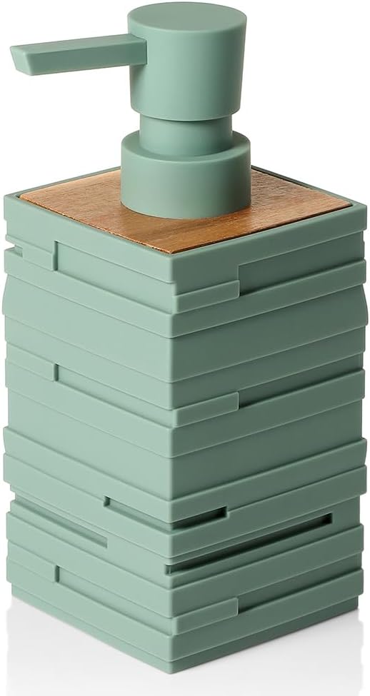YAUKPH Matte Green Teak Wood Hand Soap Dispenser 10 oz Square for Bathroom and Kitchen Countertops