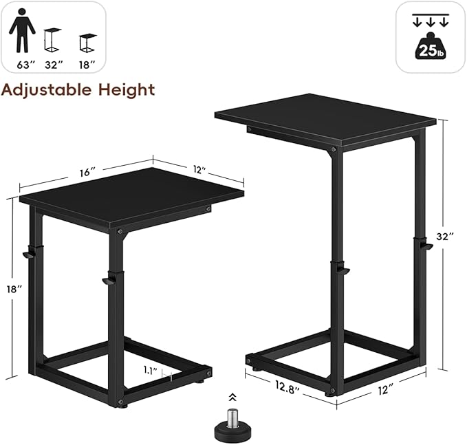 Vagusicc C Shaped End Table, 33" Tall Side Table for Couch, Small C-Table End Table Adjustable Height Couch Side Table, Couch Table Slide Under Sofa Table TV Tray Table for Living Room,Bedroom,Black