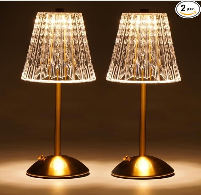 Nusogon Cordless Touch Table Lamp, LED Rechargeable Small Dask Lamp, 3 Colors Dimmable Battery Operated Crysta Lamp for Bedroom Restaurant Kitchen Home Decor, Gold, 2pcs