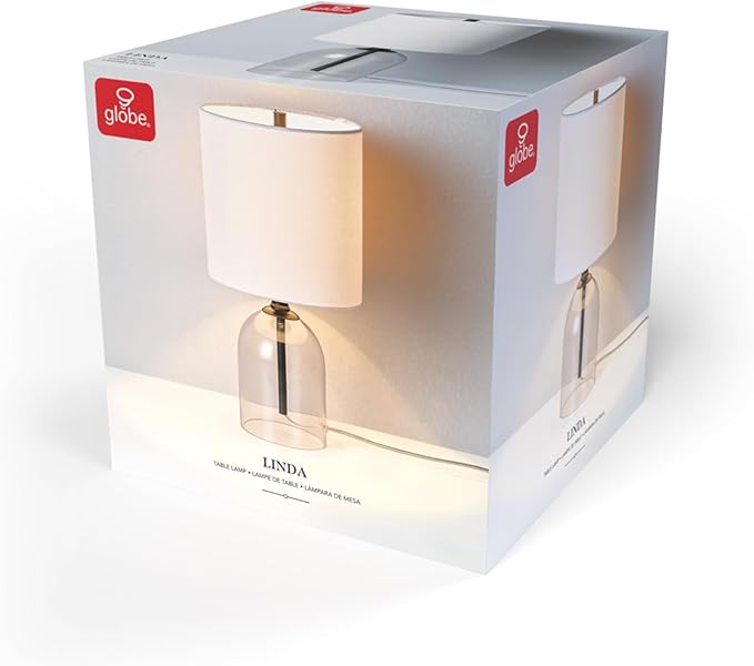 Globe Electric 15-Inch Table Lamp, Glass Base, Matte Black, White Linen Shade, Rotary Switch on Socket, 61000141