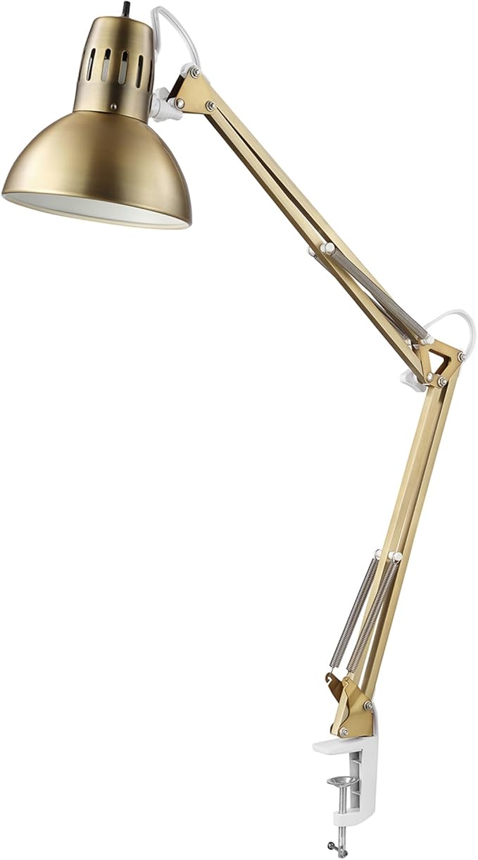 Globe Electric 62000010 32" Multi-Joint Desk Lamp with Metal Clamp, Matte Brass, White Accents, On/Off Rotary Switch on Shade, Partially Adjustable Swing Arm, Home Décor, Office Accessory