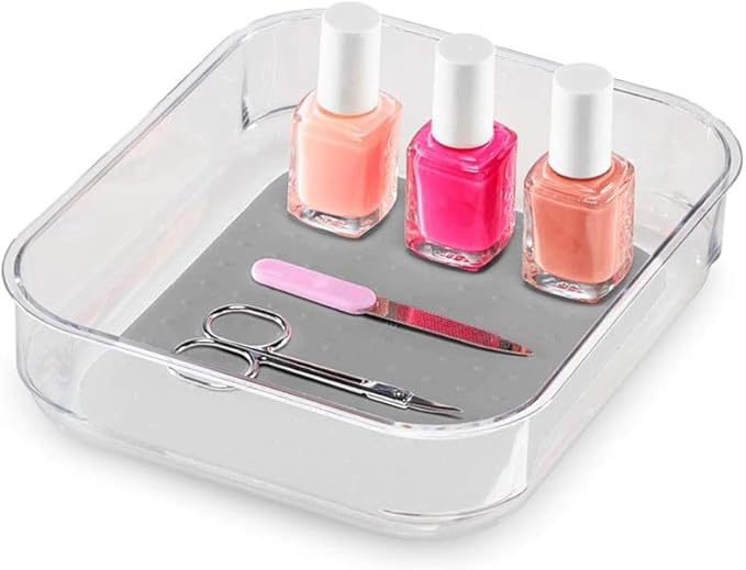 madesmart Medium Clear Storage Bin Organizer, Premium Soft-Grip Lining, Non-Slip Base, for Kitchen Utensils, Office Supplies, Pantry & Bathroom Items, Grey
