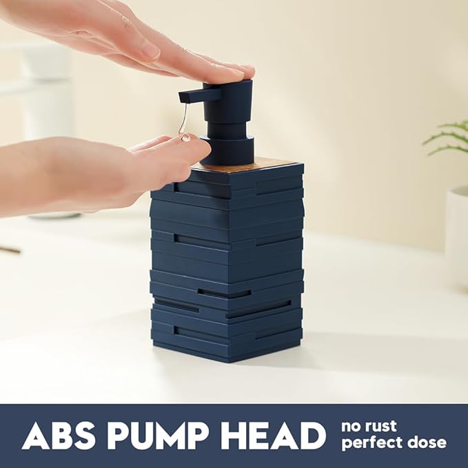 YAUKPH Matte Blue Teak Wood Hand Soap Dispenser 10 oz Square for Bathroom and Kitchen Countertops