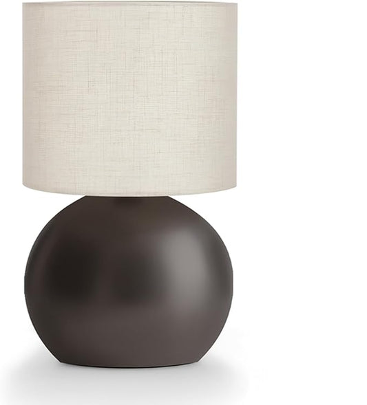 Modern Brown Small Table Lamp with Cotton Linen Shade, 10.4-inch LED Desk Light, One-Button Switch for Bedroom, Living Room, Nightstand, Includes Warm Light Bulb