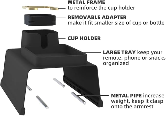 Couch Cup Holder Tray, Elimiko Silicone Anti-Spill and Anti-Slip Couch Drink Holder, Strong and Weighted Phone/Remote/Snacks Sofa Cup Holder (Black)