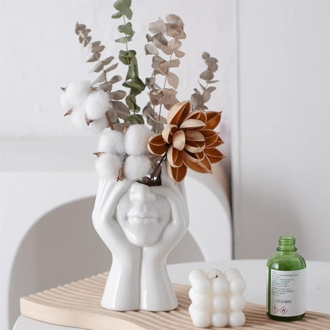 Ceramic Face Vase, White Flower Vases for Decor Female Form Head Half Body Vase Boho Unique Decorative Modern Style for Home Living Room Office Book Shelf (Medium)