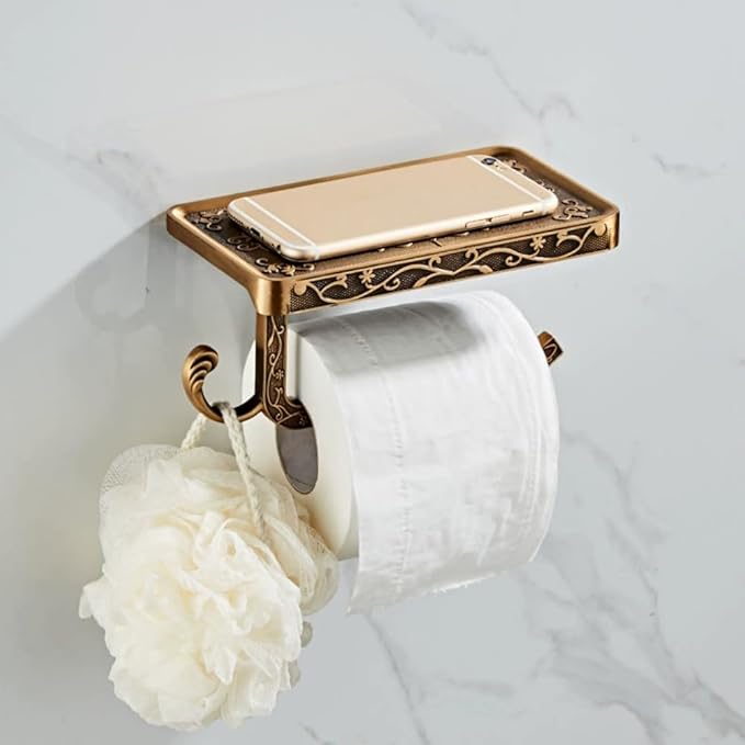 Vintage Toilet Paper Holder Wall Mount Toilet Roll Holder with Shelf and Hook Bronze Antique Bathroom Accessories Toilet Tissue Roll Holder Hanger Aluminum Material (Bronze Finish)