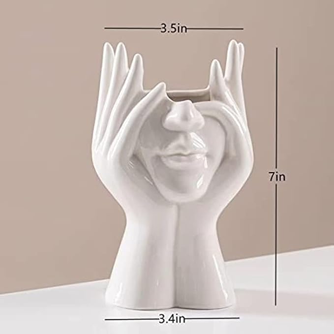 Ceramic Face Vase, White Flower Vases for Decor Female Form Head Half Body Vase Boho Unique Decorative Modern Style for Home Living Room Office Book Shelf (Medium)