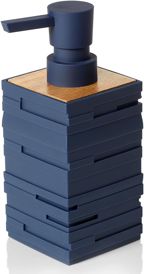 YAUKPH Matte Blue Teak Wood Hand Soap Dispenser 10 oz Square for Bathroom and Kitchen Countertops